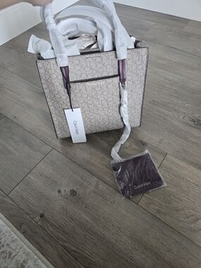 Calvin Klein Beige Monogram Tote with Plum Trim